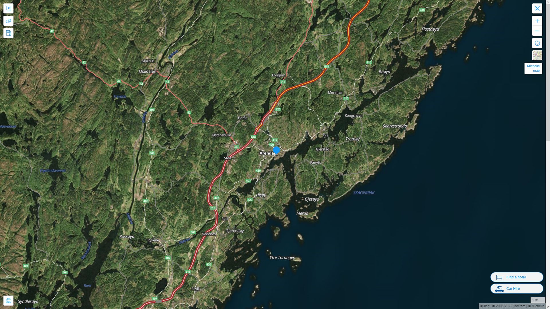 Arendal Highway and Road Map with Satellite View